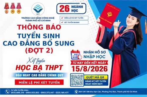Thông báo tuyển sinh cao đẳng hệ chính quy đợt 2 năm 2026 nhận hồ sơ nhập học từ nay đến hết ngày 15 tháng 8
